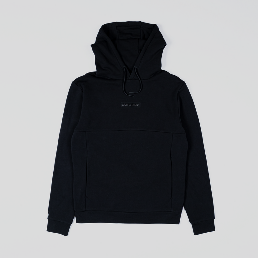 Black hoodie with a small logo on a light gray background