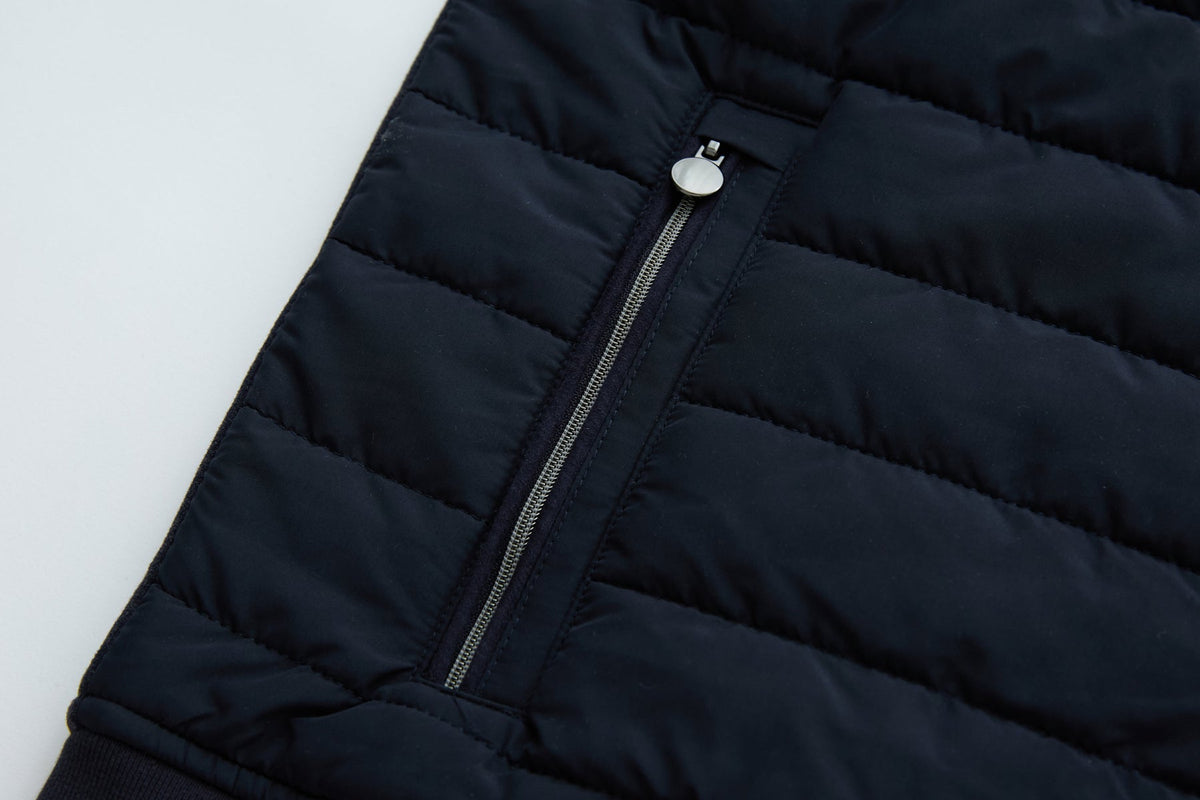 6th Sense Cloud Hybrid Full Zip Navy Jacket side zip pocket with silver pull on quilted navy front