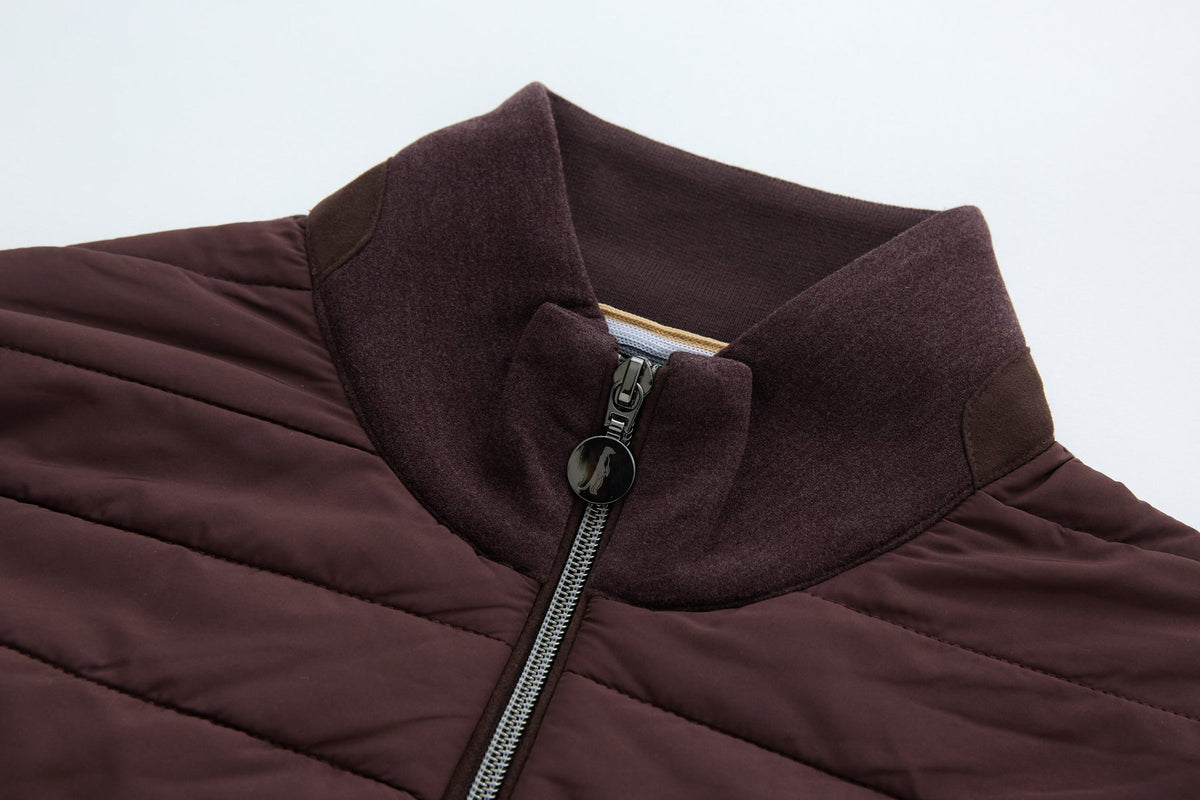 6th Sense Cloud Hybrid Full Zip Plum Jacket funnel collar with silver zip and inner yellow trim