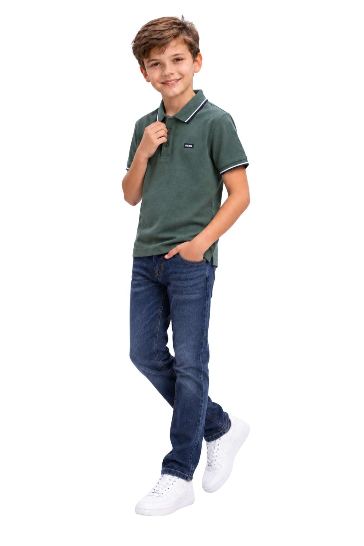 Boy wearing the Diesel Callen olive polo shirt with contrasting collar and cuff trim.