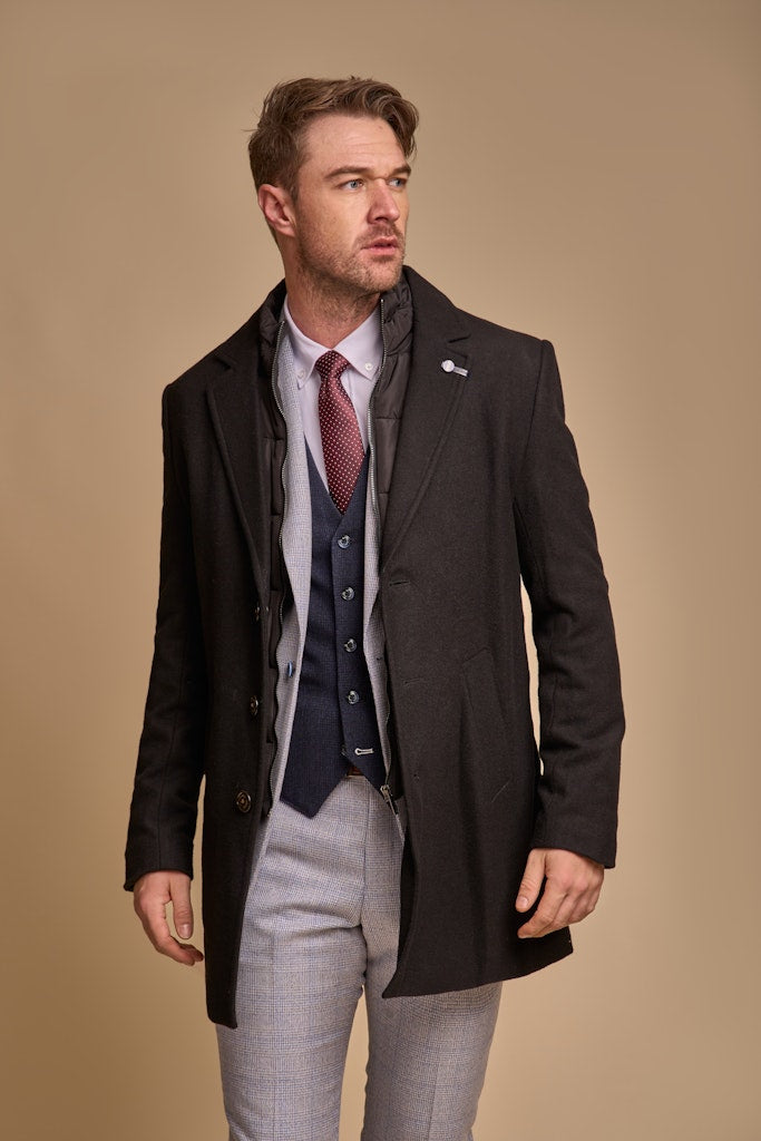 House of Cavani Sanford Black Wool Coat Black front view