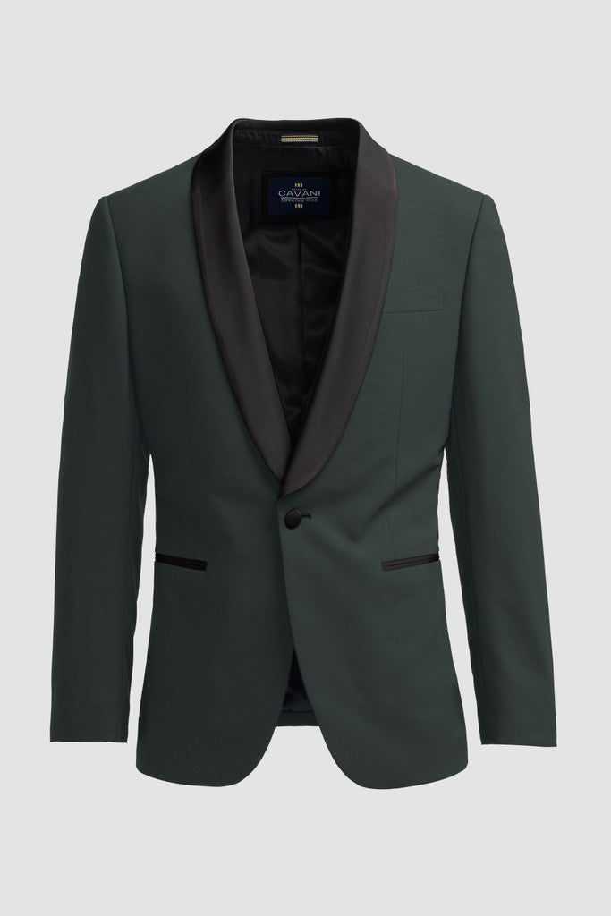 Olive tuxedo jacket with black lapels on a light gray background