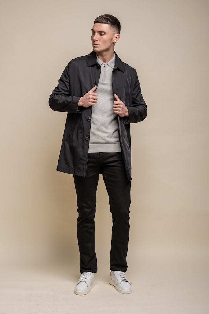 House of Cavani Barracuda Black Coat Black model front view