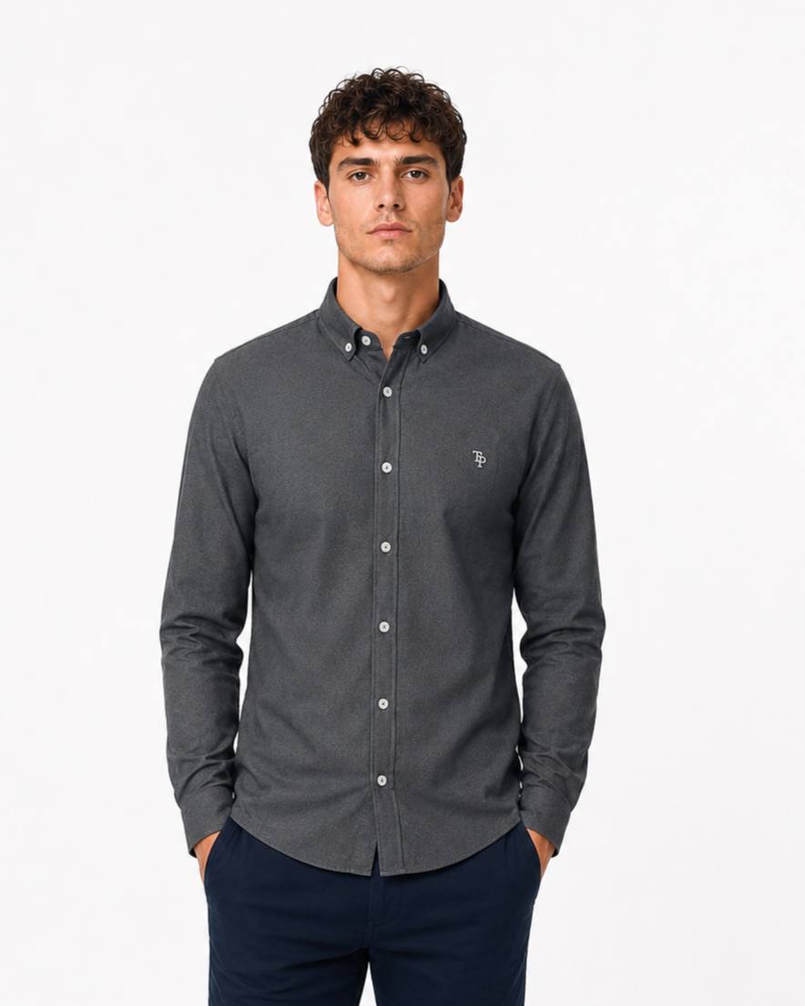 Tom Penn Slate Oxford long-sleeve shirt worn by a model, front view