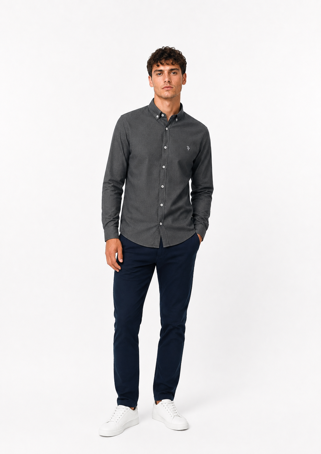 Full-length front view of the Tom Penn Slate Oxford long-sleeve shirt