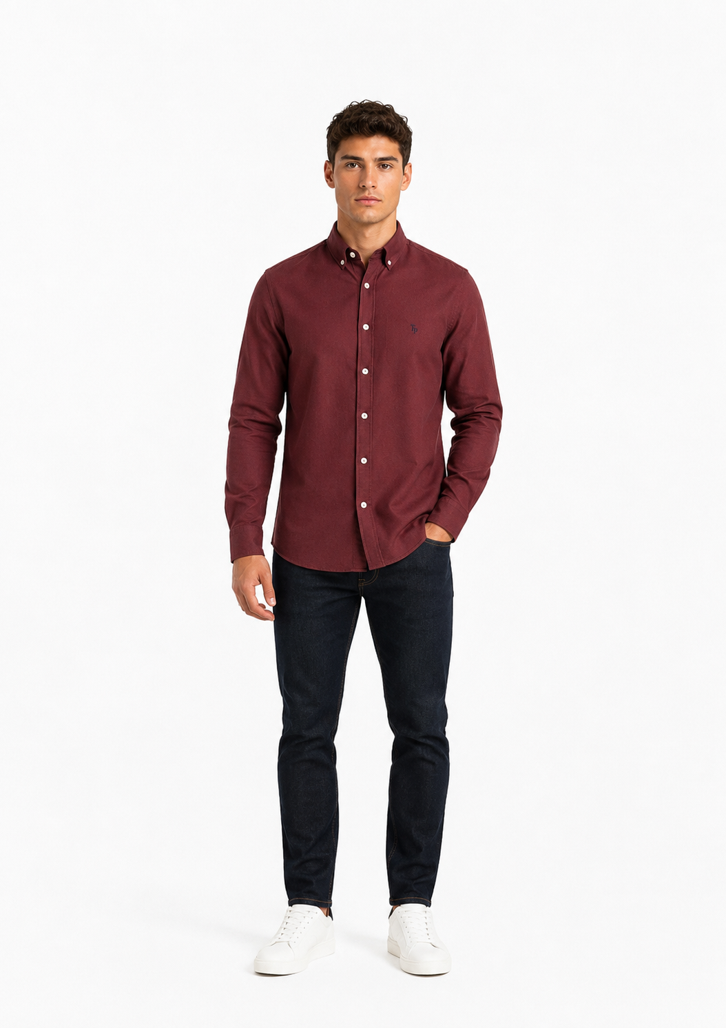 Full-length front view of the Tom Penn Wine Oxford long-sleeve shirt