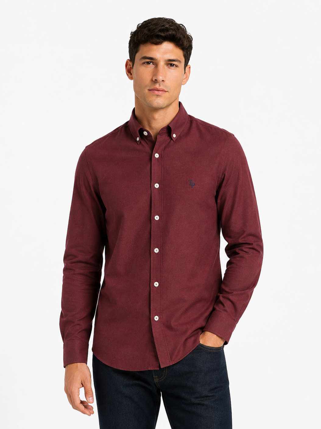Tom Penn Wine Oxford long-sleeve shirt worn by a model, front view