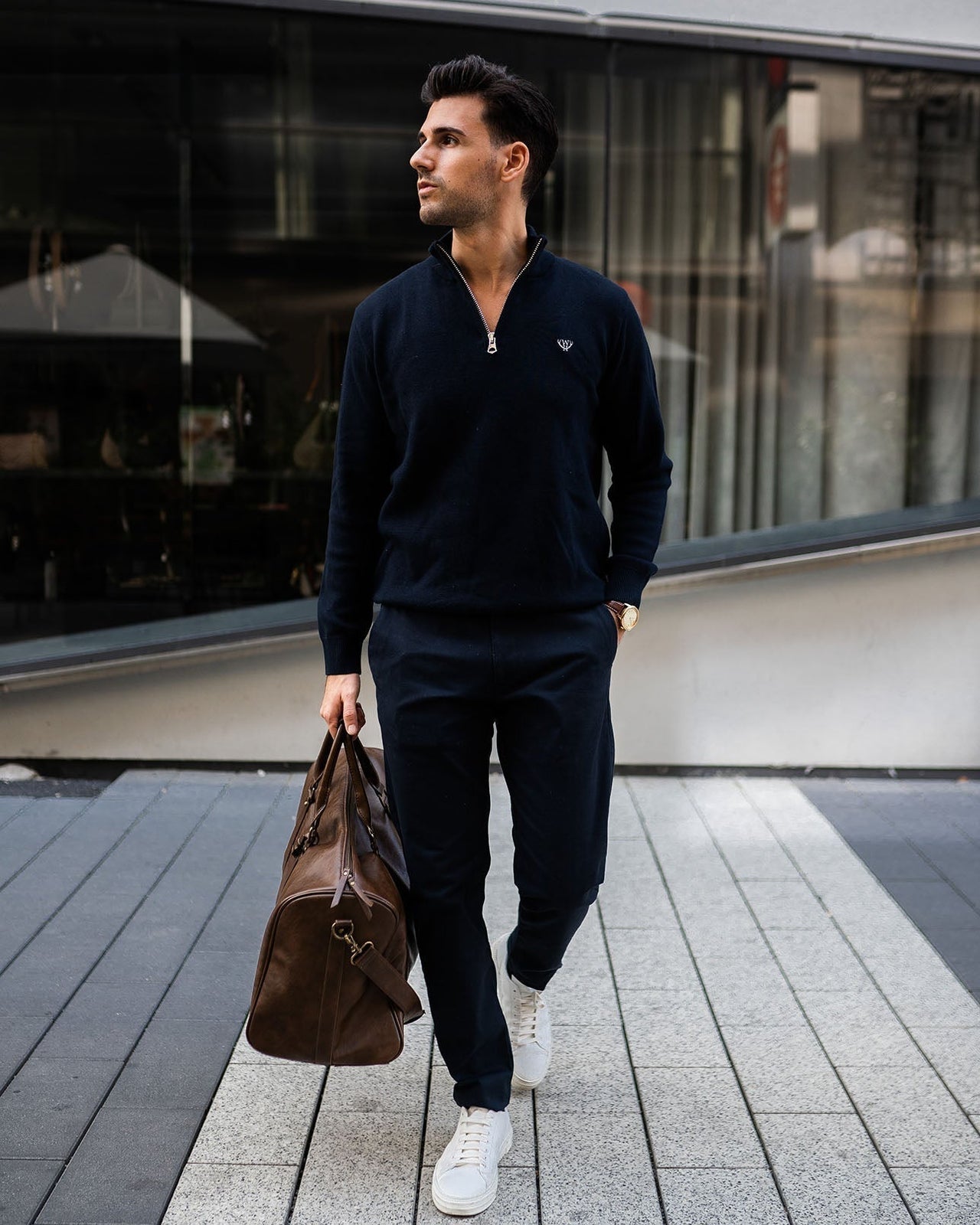 Walker & Hunt Knitted Zippy Navy Jumper Navy flat front view