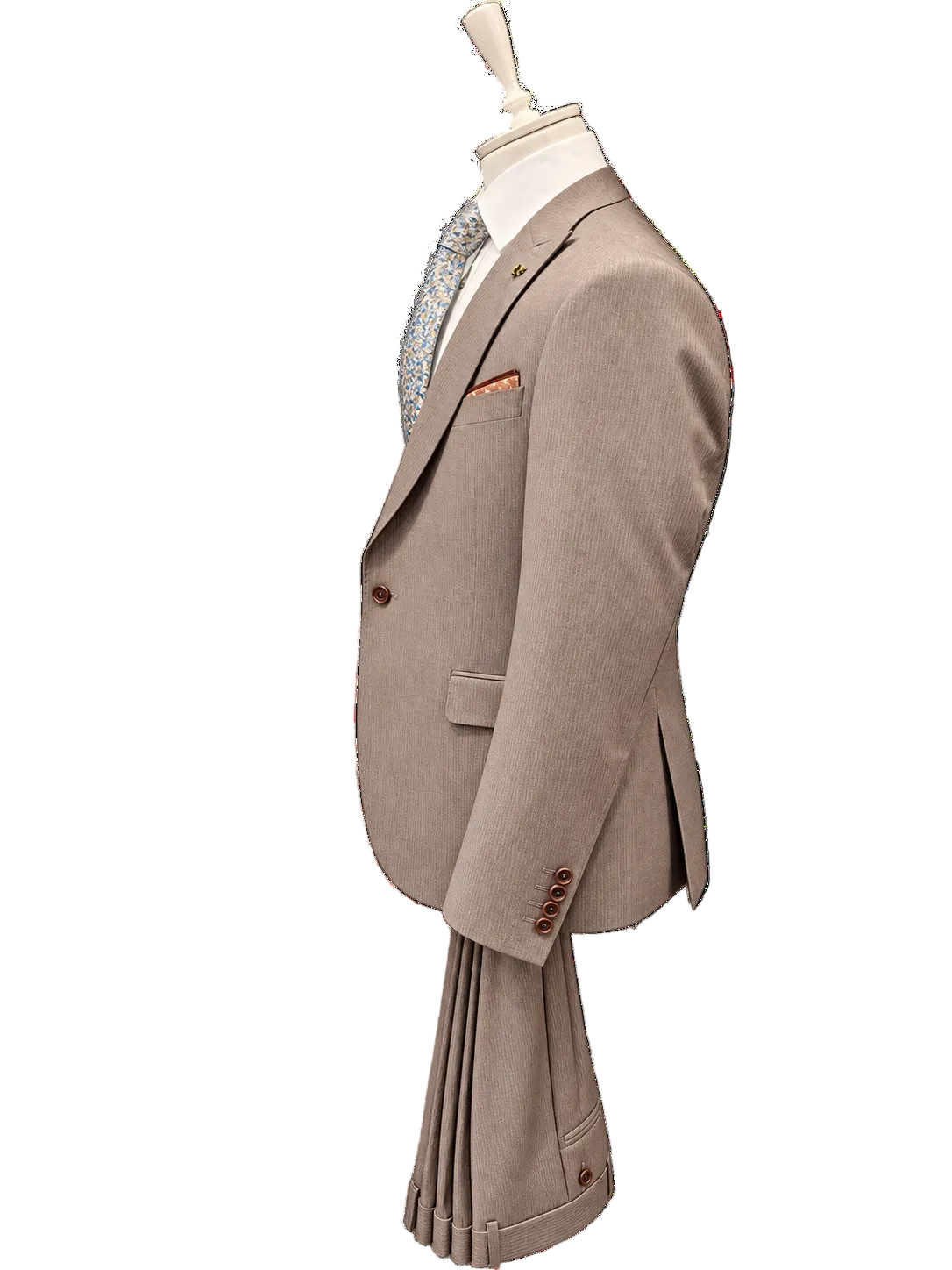 Right side view of the BENETTI Dara brown pinstripe three-piece suit showing the jacket profile and side vents