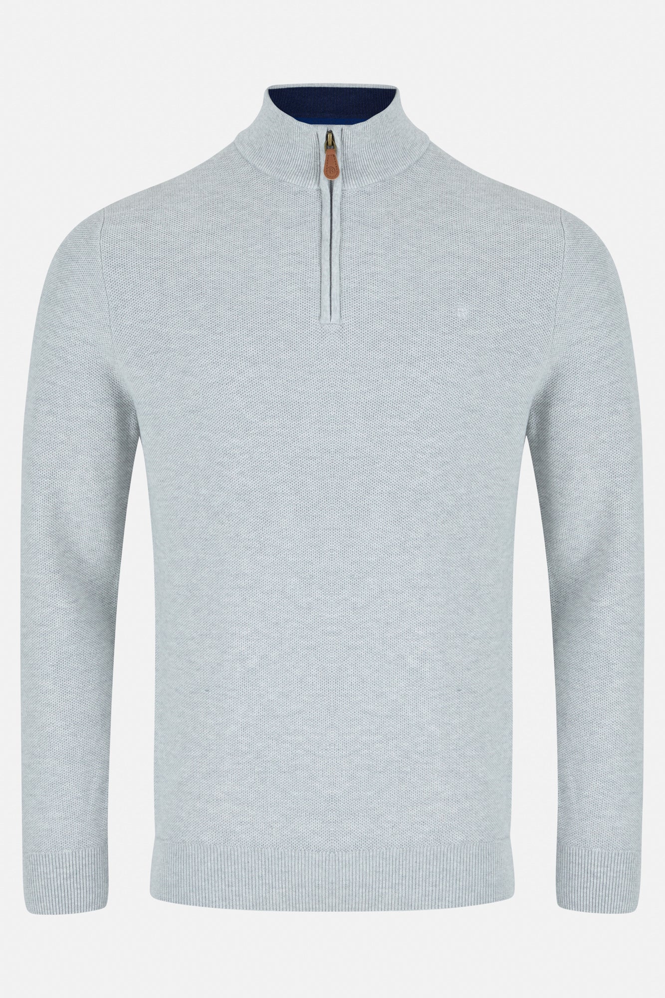 Light gray sweater with a quarter zip on a white background