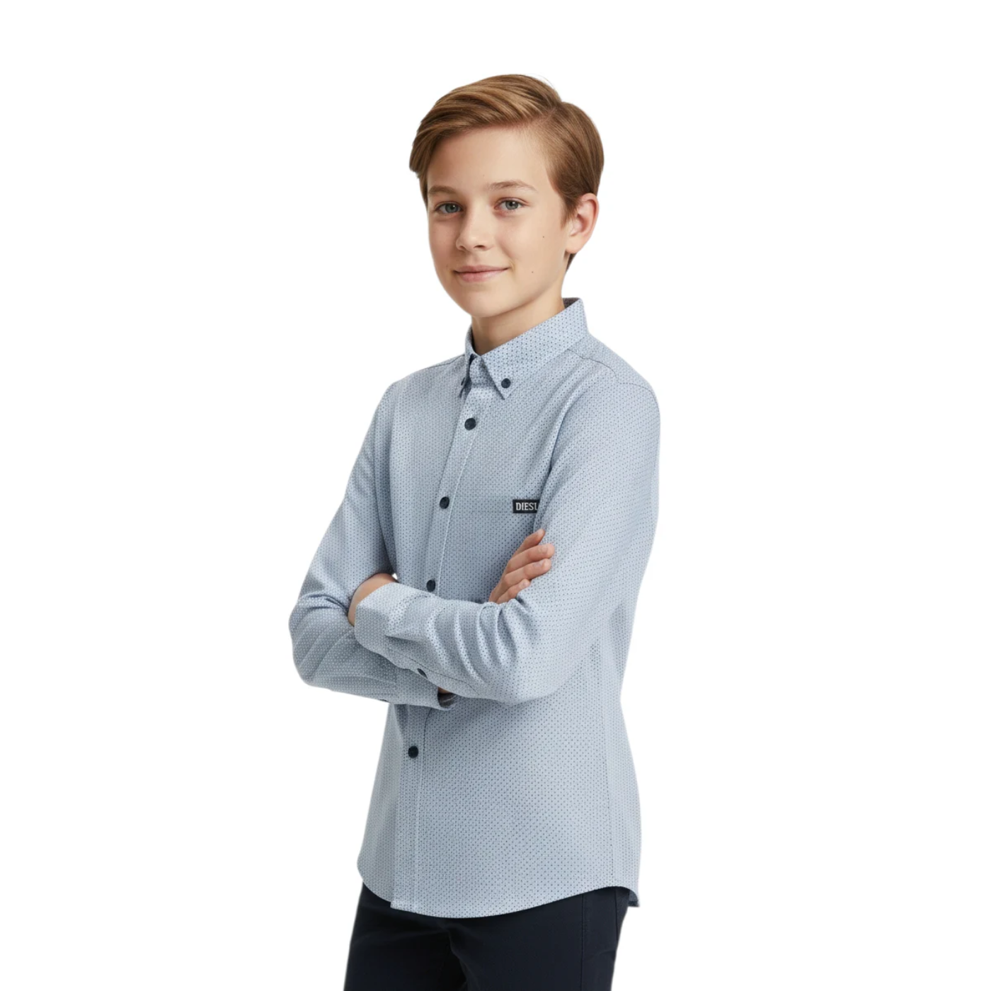 DIESEL KIDS Gannon Blue Print Shirt Blue model front view