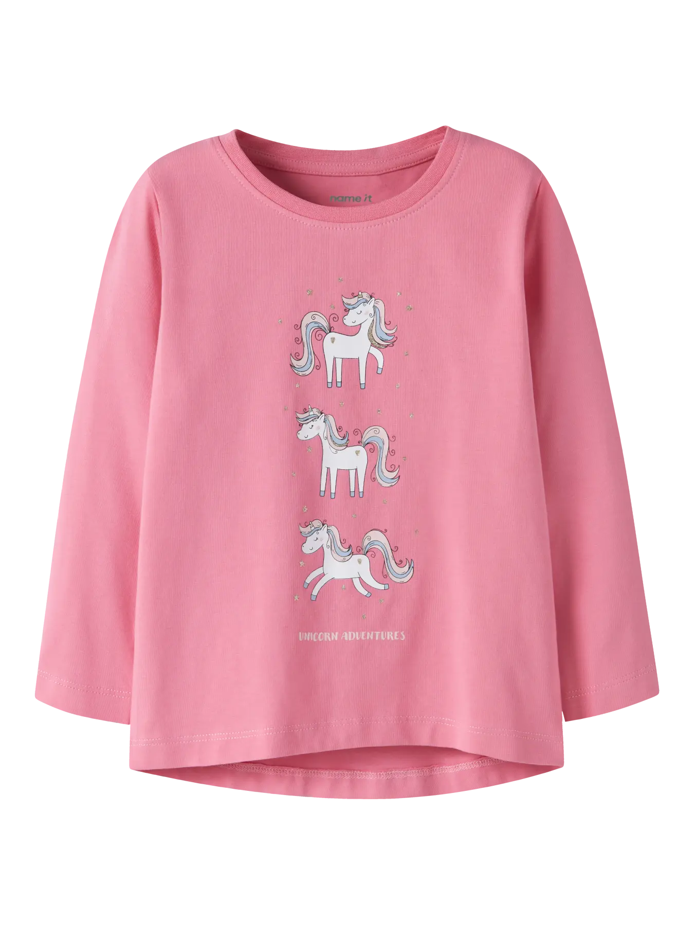 A pink long-sleeve t-shirt with a graphic print of three white and silver unicorns on the front, set against a plain white background.