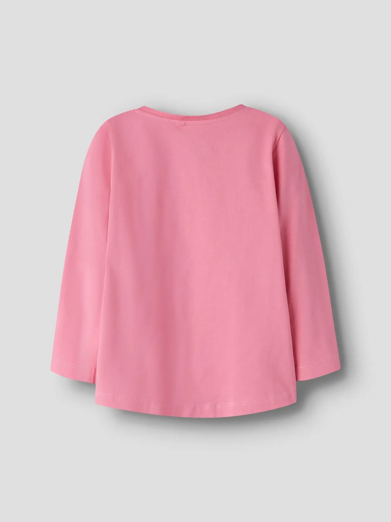 A pink long-sleeve top shown from the back, photographed against a solid light gray background.