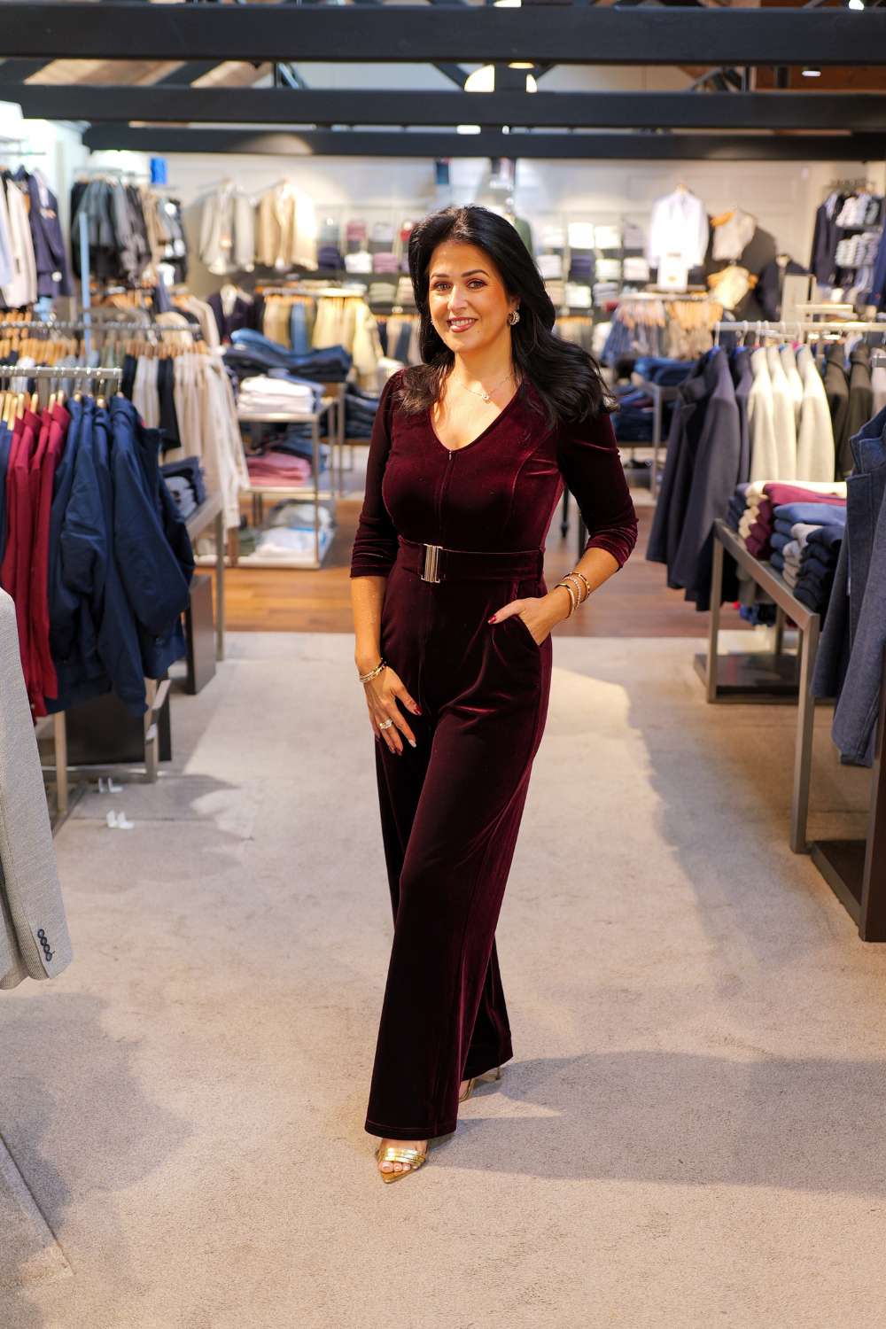 Tina in the Farrah Wine Jumpsuit