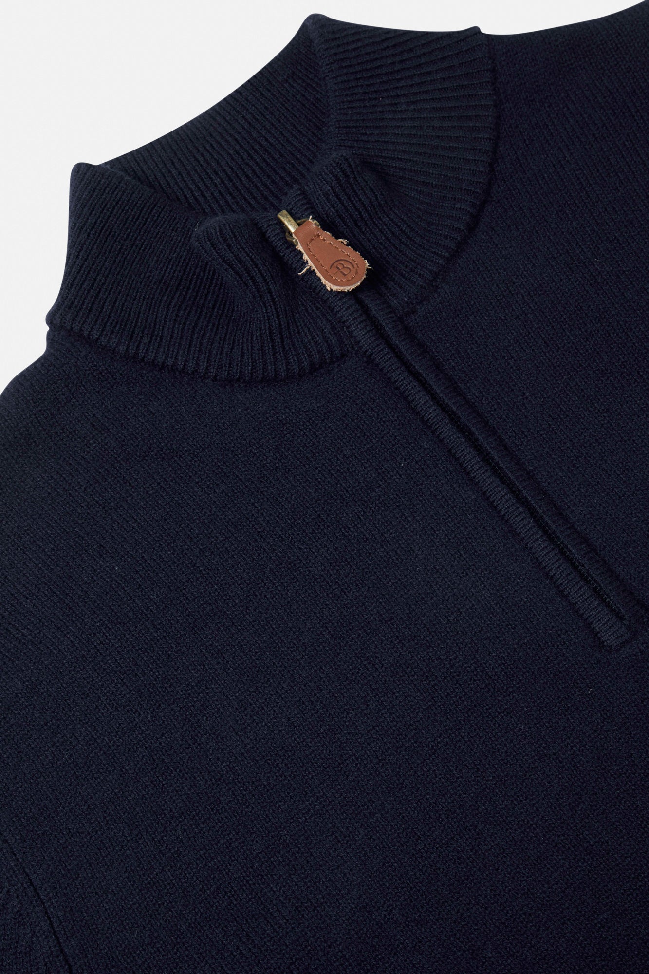 Navy sweater with a brand logo on a white background