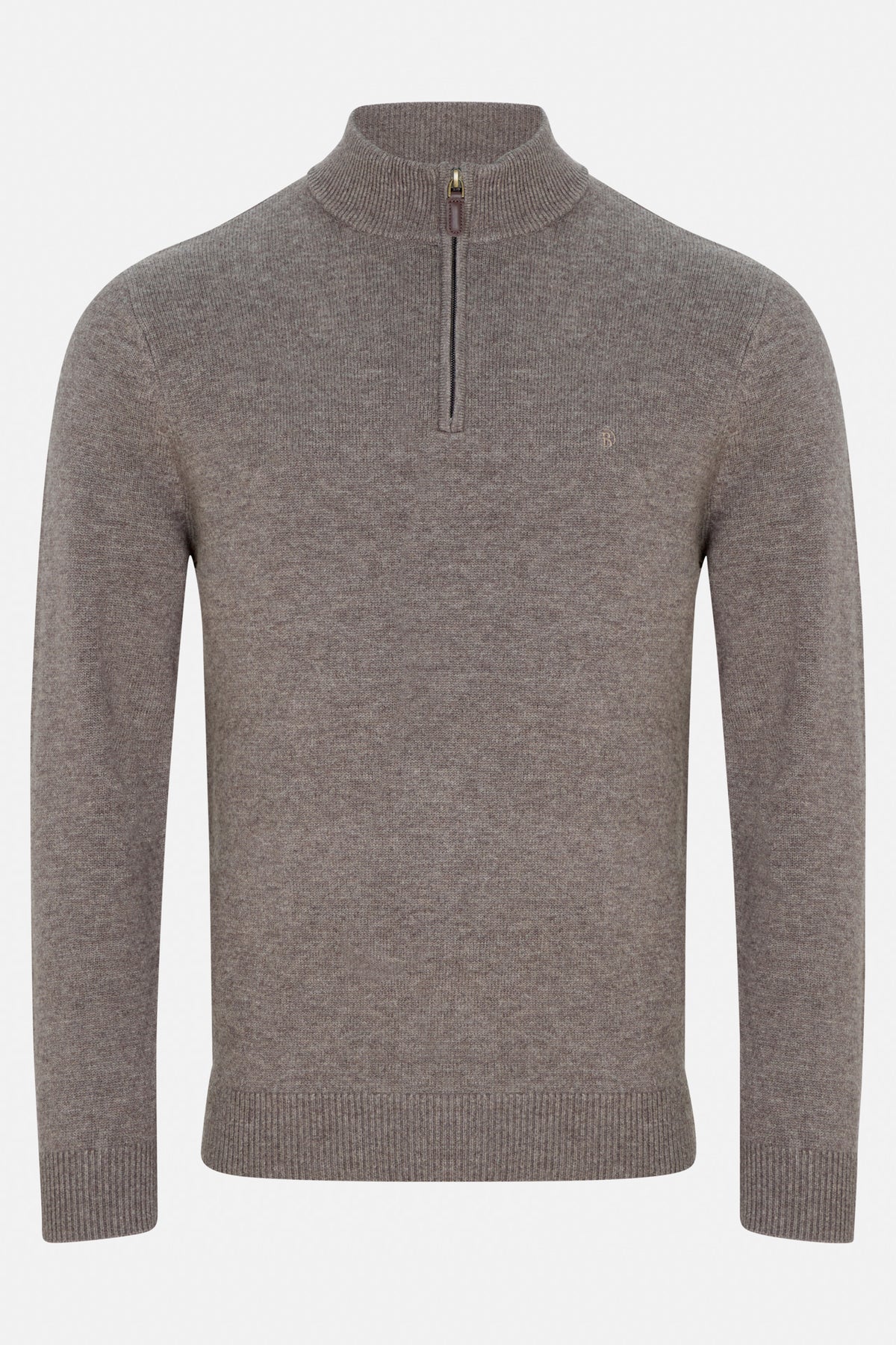 Benetti Franco Brown 1/4 Zip knit sweater, front view, with quarter-zip collar and long sleeves.