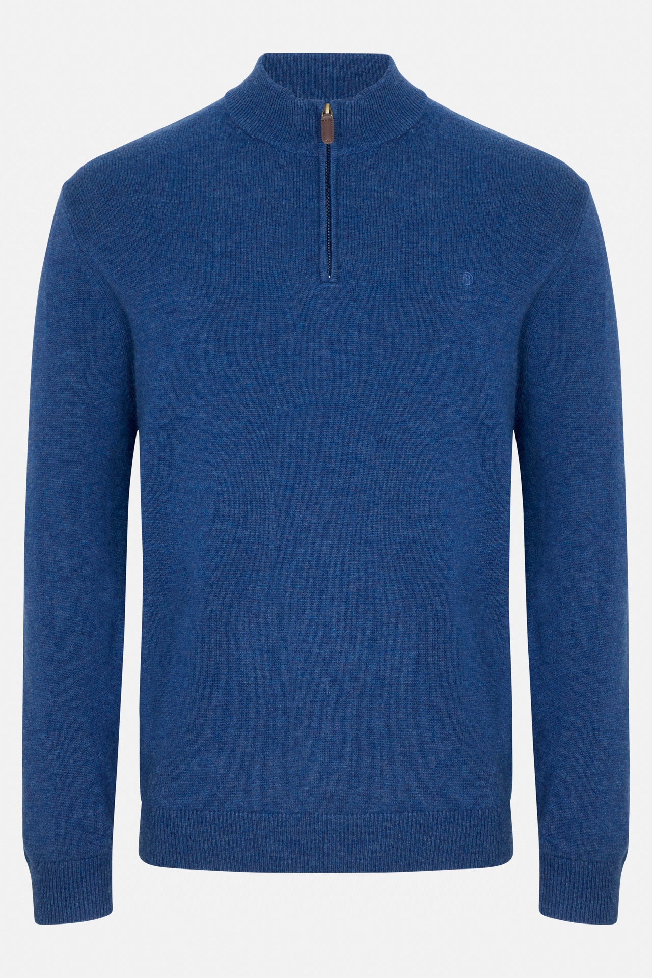 Benetti Franco Indigo 1/4 Zip knit jumper in INDIGO, front view, with quarter-zip collar and ribbed cuffs and hem.