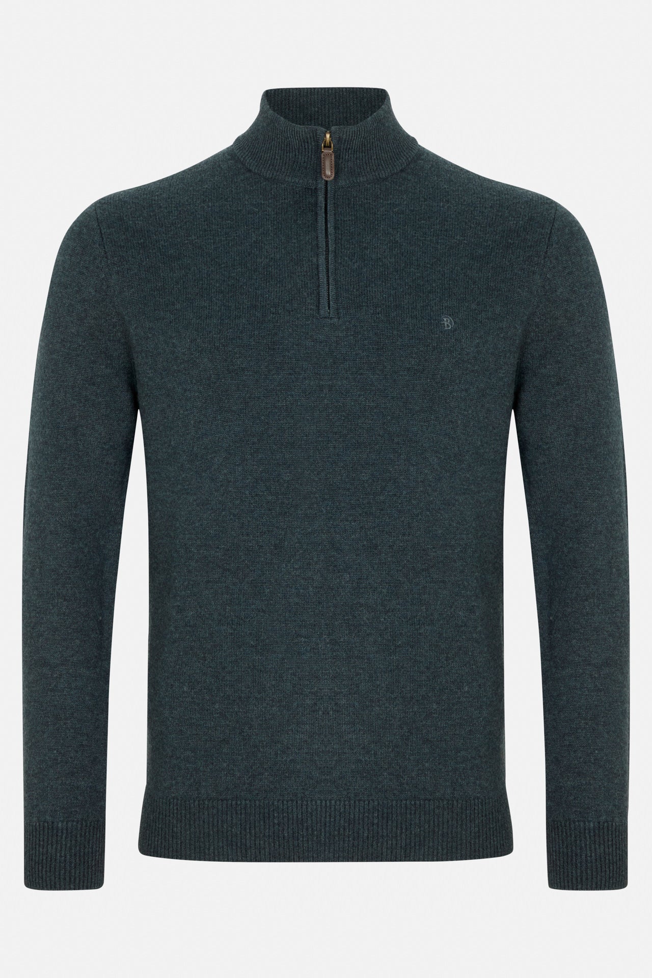 Benetti Franco Teal 1/4 Zip knit jumper, front view, with zip neck and ribbed cuffs and hem.