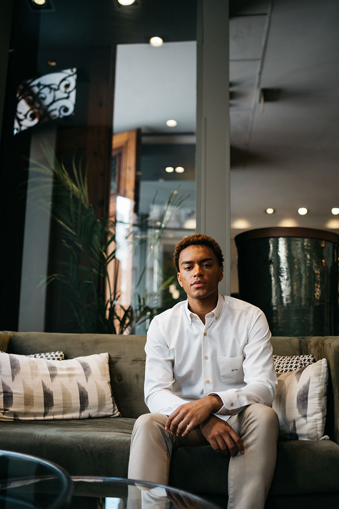 Garray Sand Shirt-Model sitting up