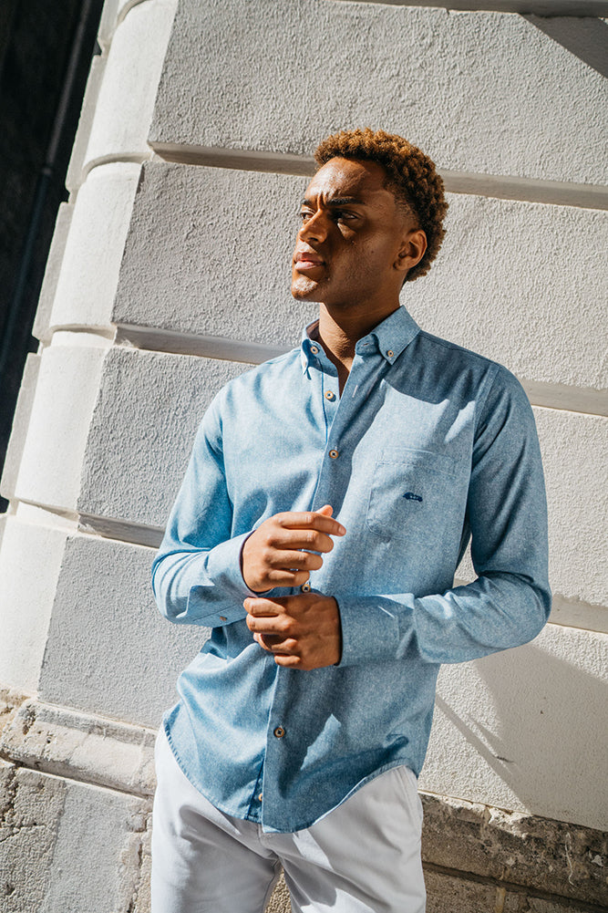 Garray Denim Blue Shirt-Model looking right