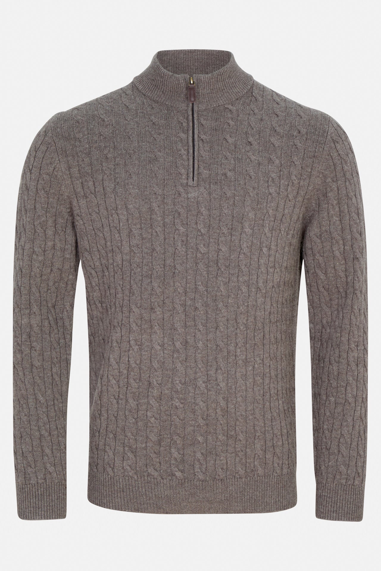 Benetti Grant Brown 1/4 Zip cable-knit sweater with quarter-zip collar, front view