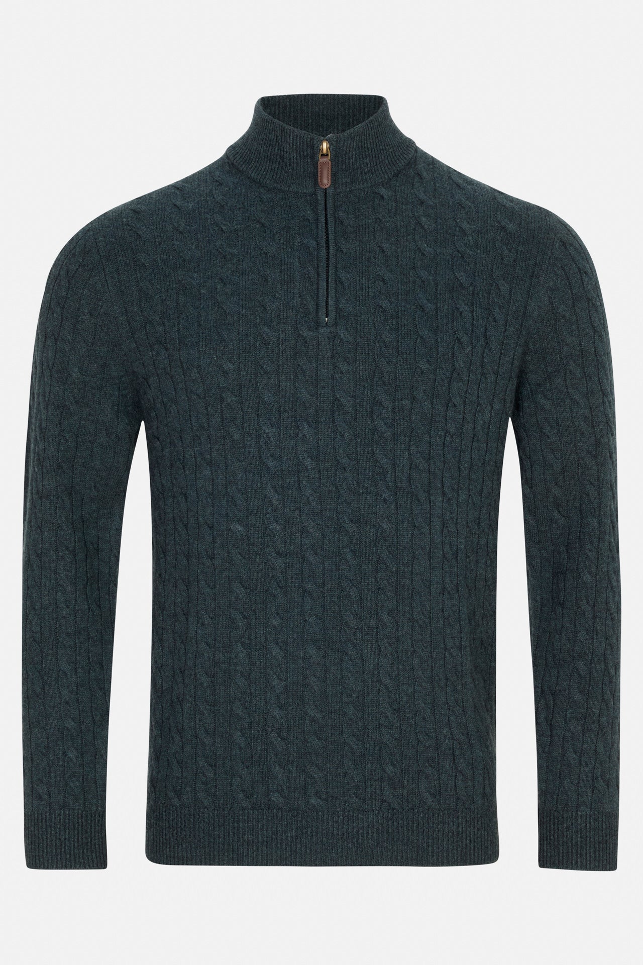 Benetti Grant teal 1/4 zip knit sweater with cable texture and zip collar, front view