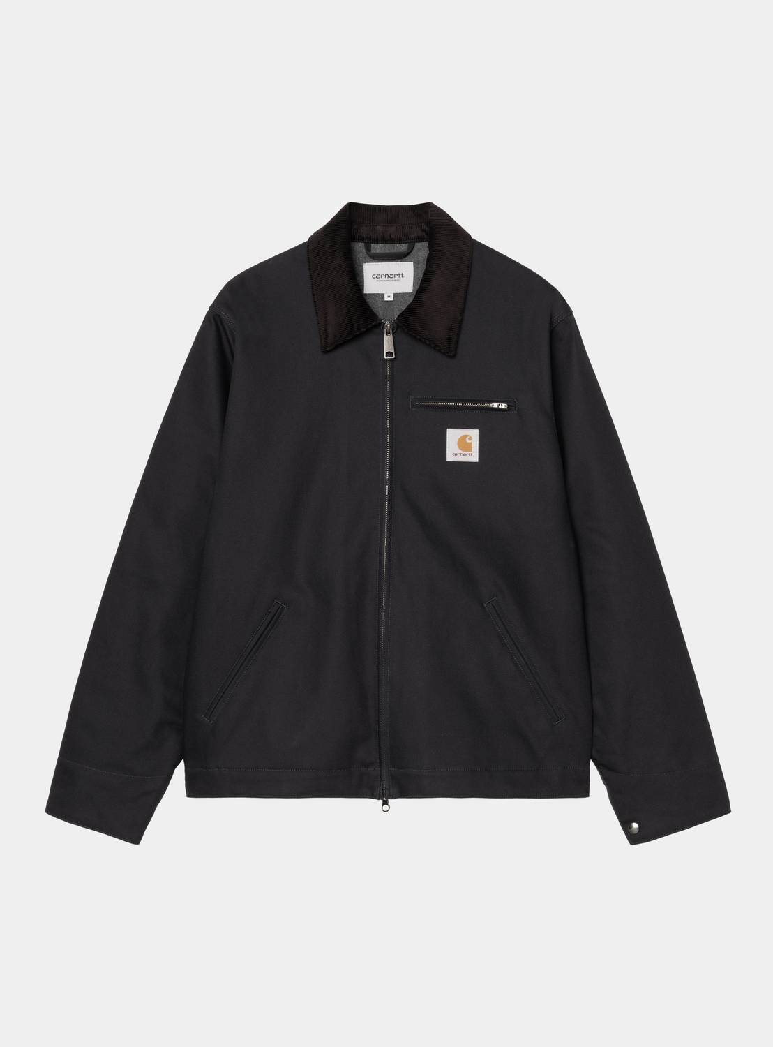 Carhartt WIP Detroit Jacket in Dark Navy / Black, front view with corduroy collar, zip chest pocket, logo patch, and zip closure.