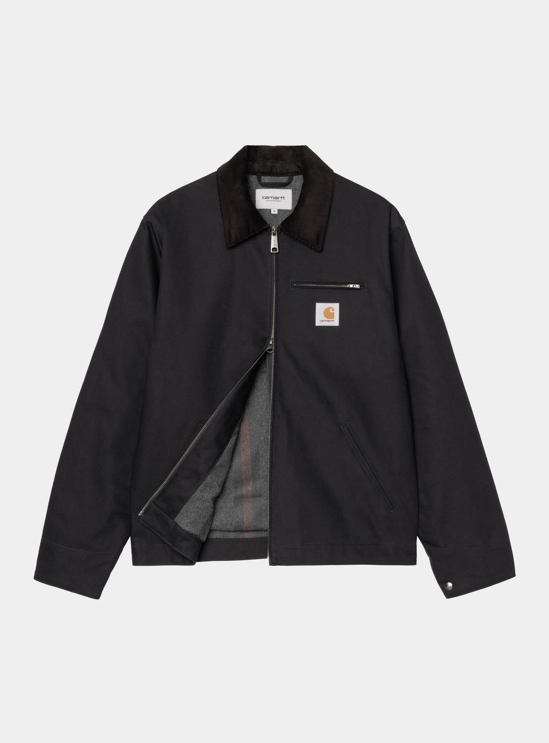 Carhartt WIP Detroit Jacket in Dark Navy / Black, front view with zip closure, corduroy collar, chest pocket, and blanket lining visible.