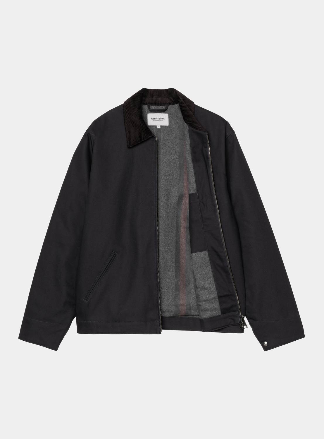 Carhartt WIP Detroit Jacket in Dark Navy / Black, front view with corduroy collar, zip front, and grey blanket lining visible