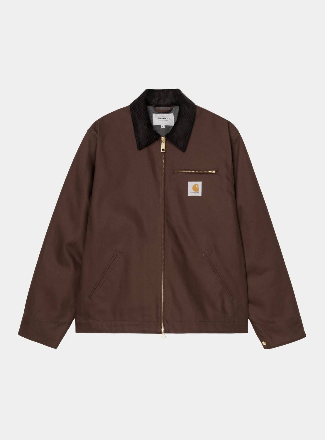 Carhartt WIP Detroit Jacket in Tobacco / Black, front view with black corduroy collar, gold-tone zip, chest pocket, and logo patch.