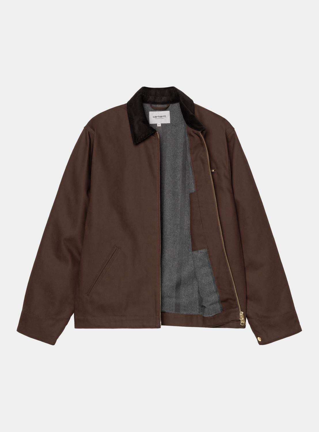 Carhartt WIP Detroit Jacket in Tobacco / Black, front view with corduroy collar, gold-tone zip, and grey blanket lining visible.