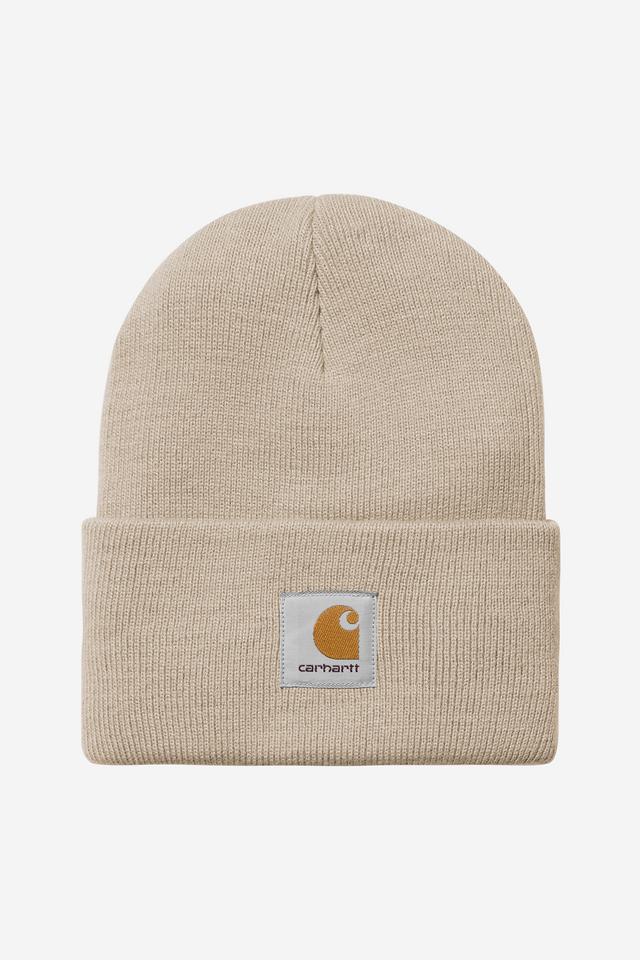 Beige knit beanie with Carhartt logo on a white background