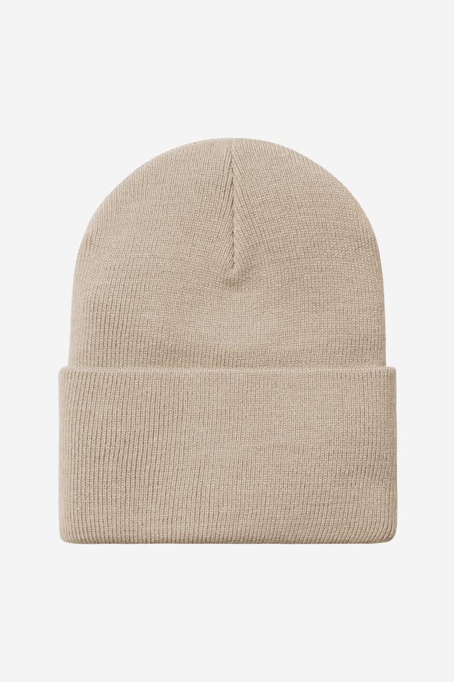 Beige knit beanie on a white background