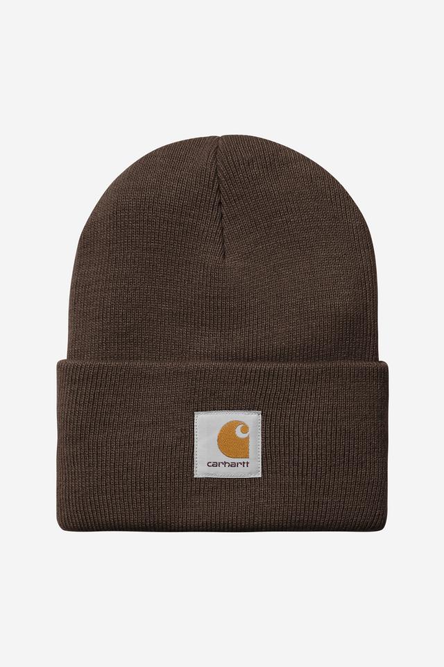 Brown beanie with Carhartt logo on a white background