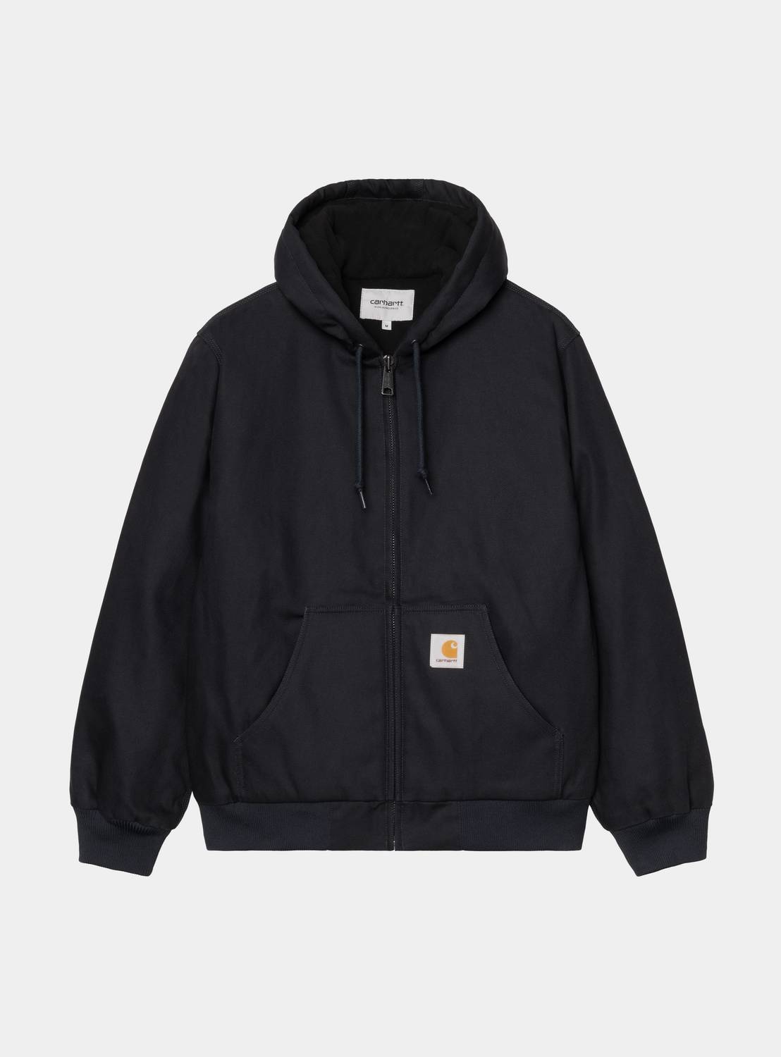 Carhartt WIP Active Jacket in Dark Navy, front view with zip closure, drawstring hood, kangaroo pockets, and Carhartt label on the pocket.