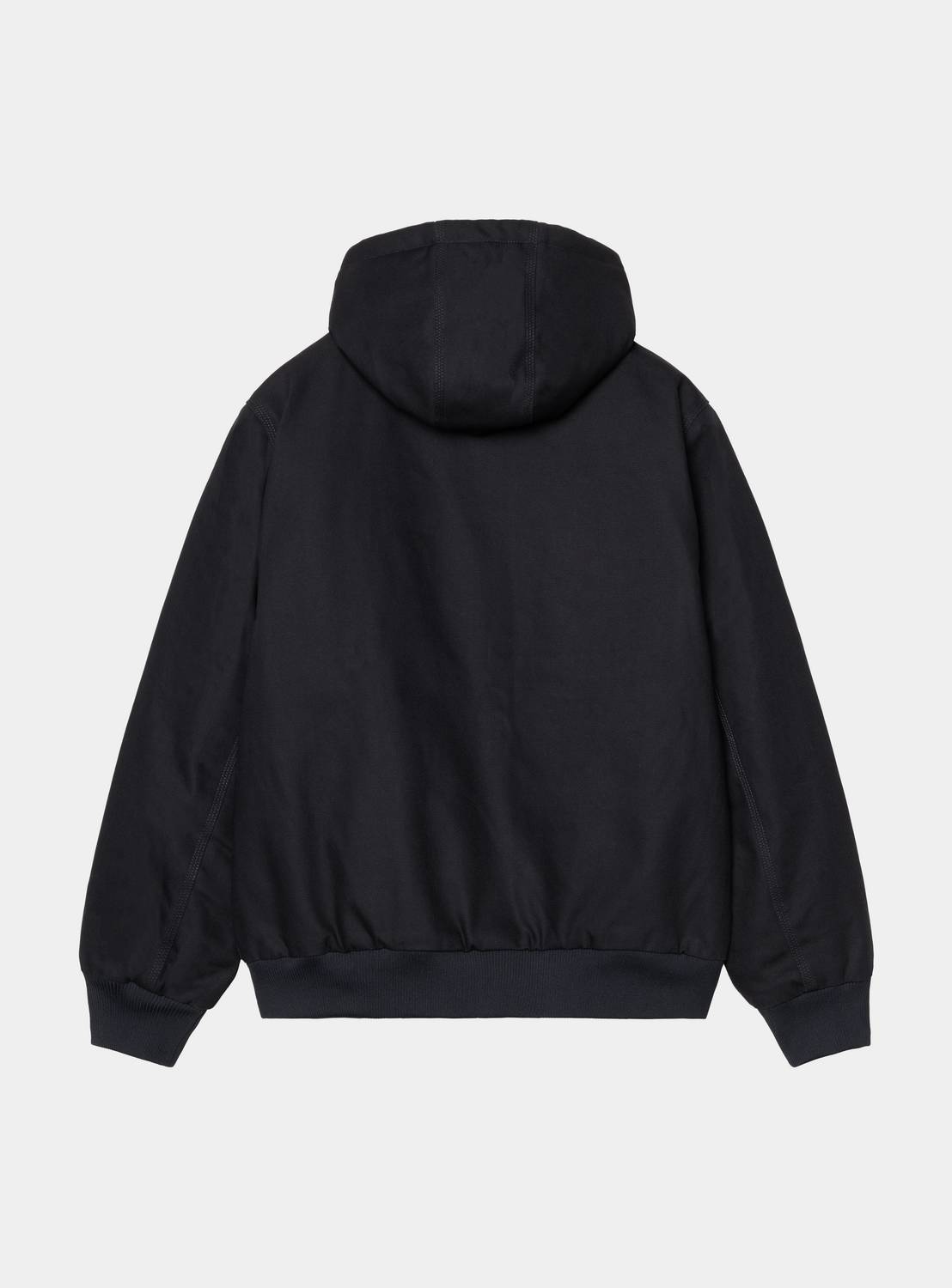 Back view of the Carhartt WIP Active Jacket in Dark Navy, showing the hood, ribbed cuffs and hem, and panelled construction.