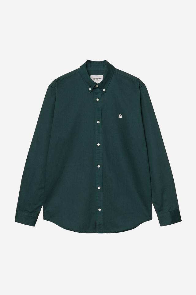 Green button-up shirt on a white background
