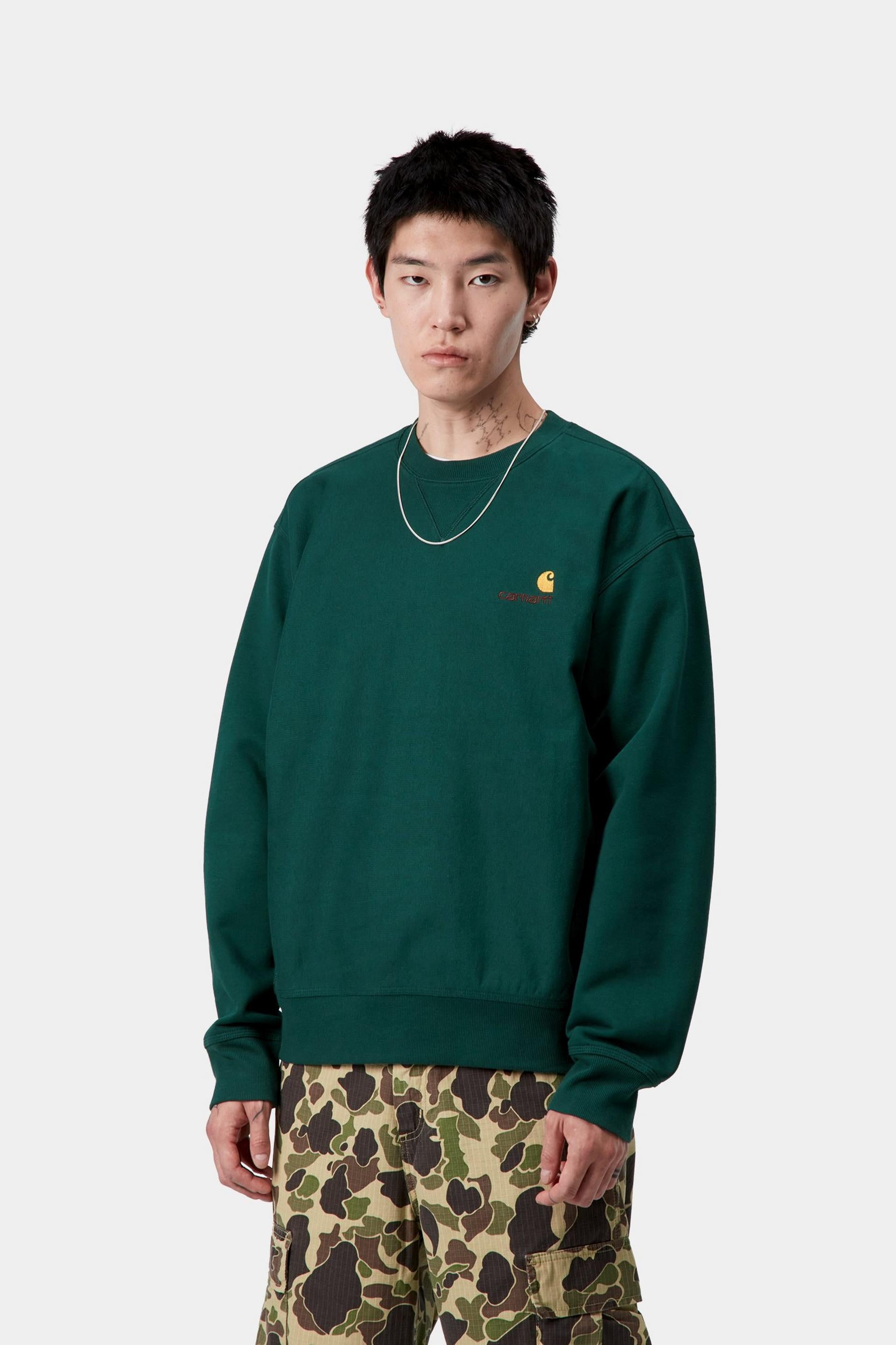 Men's American Script Sweat-Dark Fir-Model Wearing Sweatshirt View