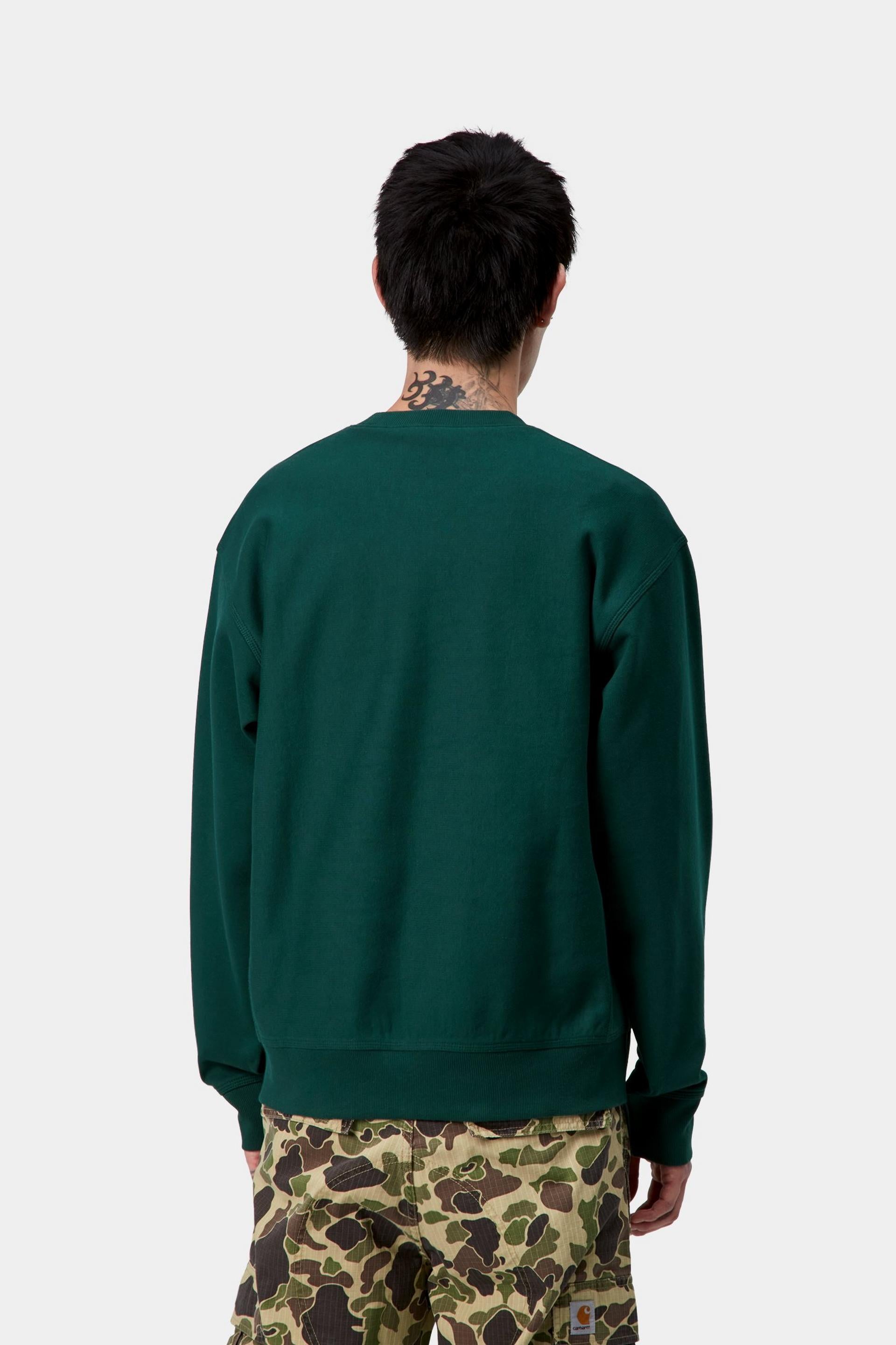 Men's American Script Sweat-Dark Fir-Model Wearing Sweatshirt Back View