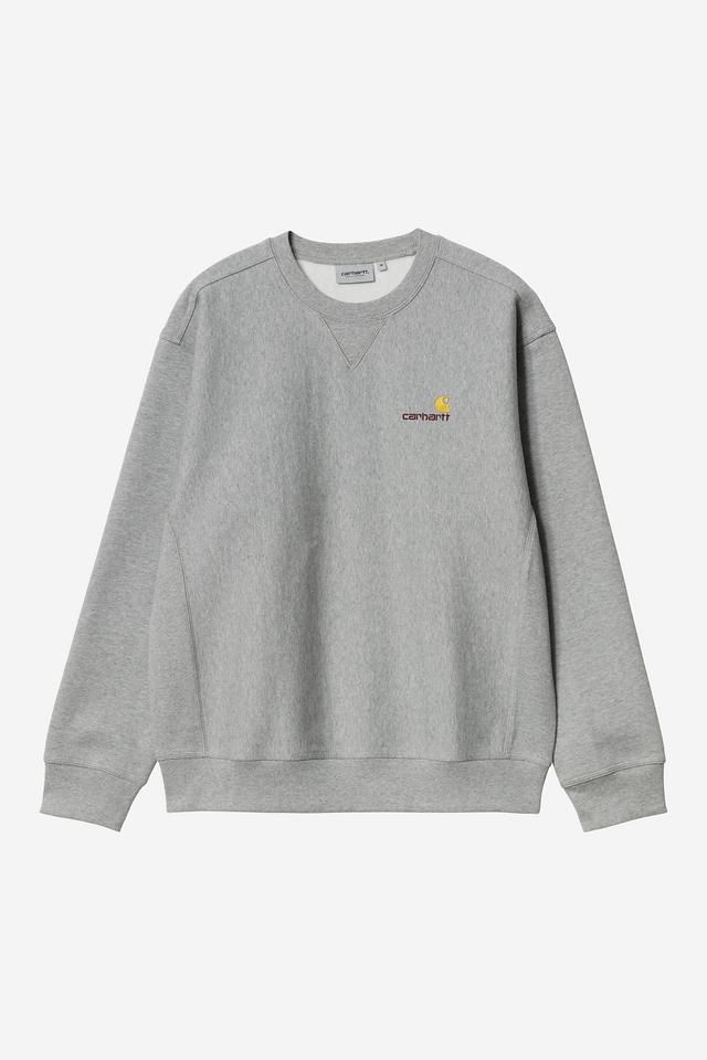 Gray sweatshirt with a brand logo on a white background