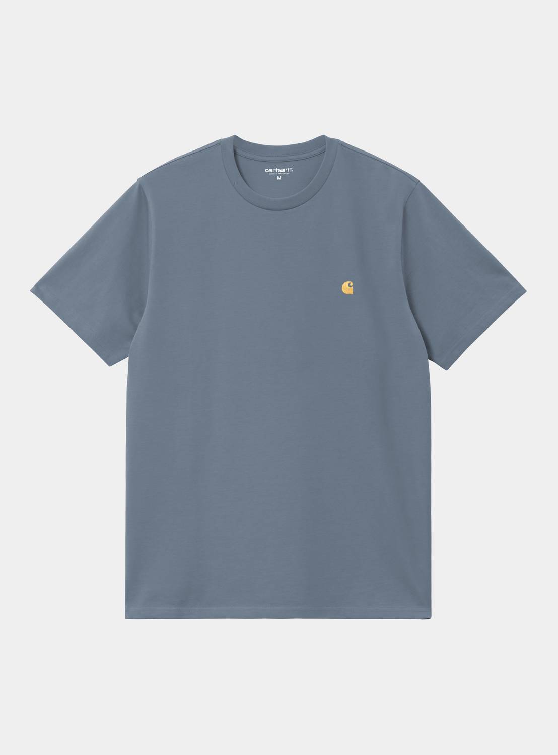 Carhartt WIP S/S Chase T-Shirt in Icesheet / Gold, front view with short sleeves and small gold chest logo embroidery.