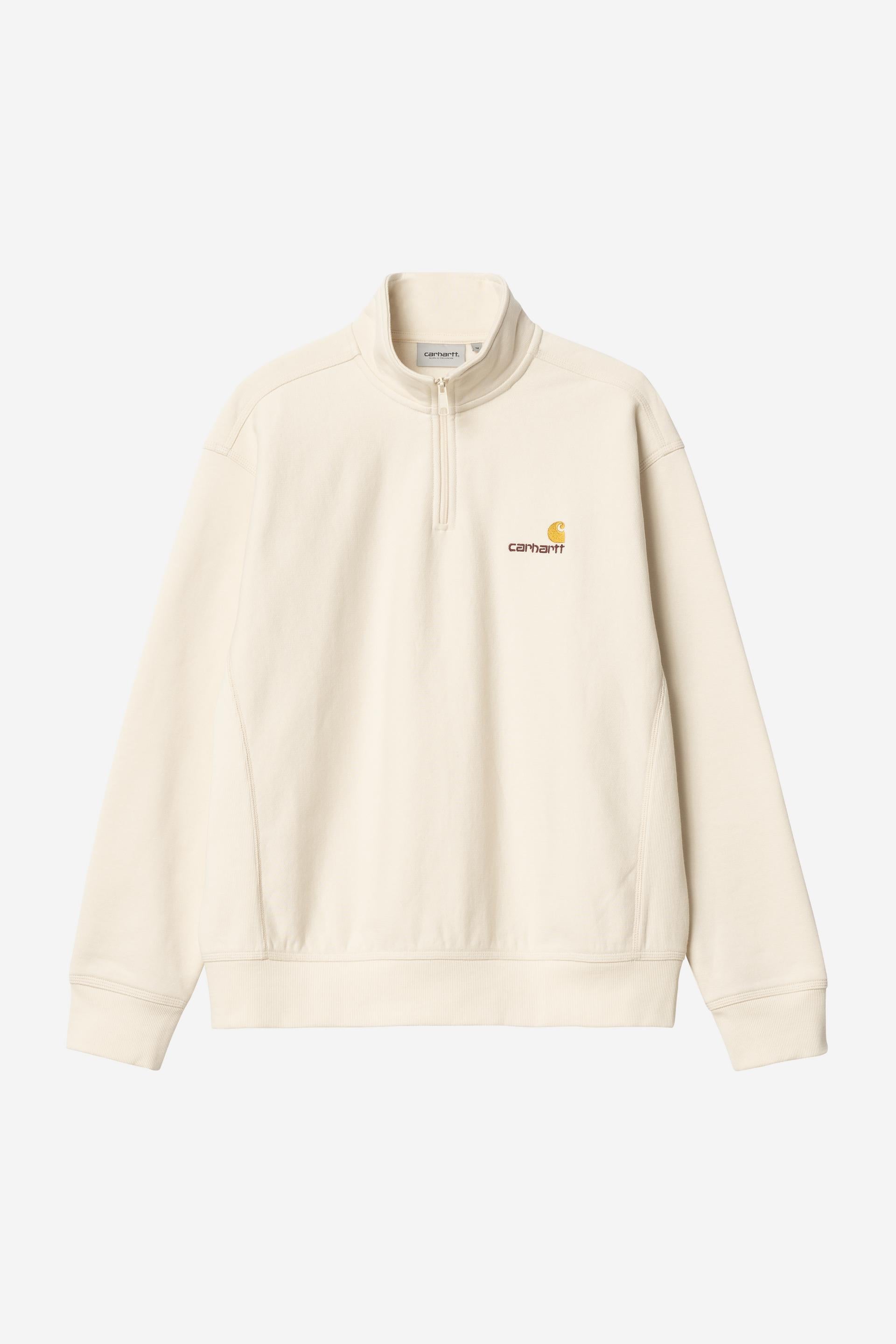 Men's Half Zip American Script Sweat-Natural-Ghost Front View