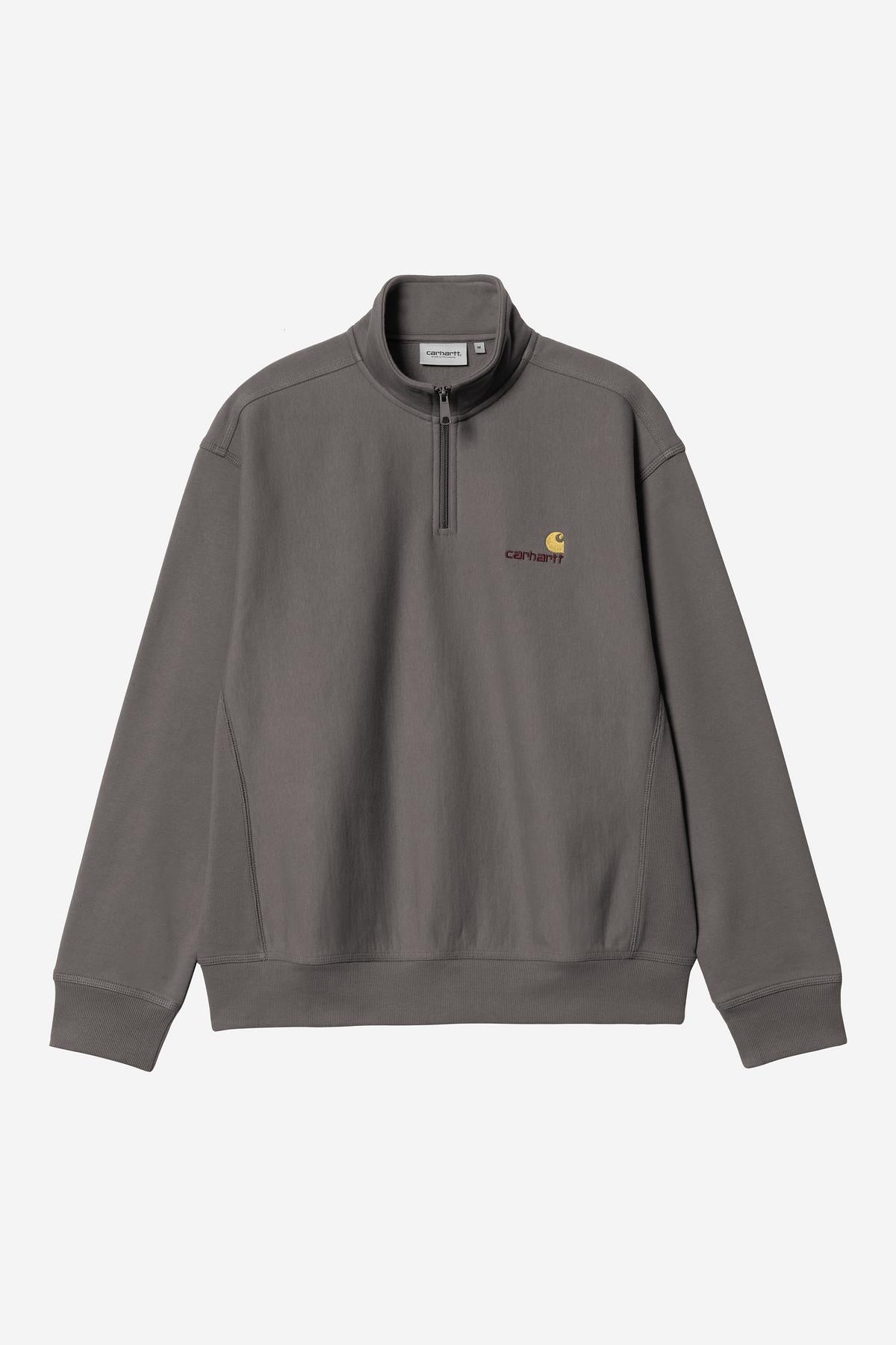 Gray sweatshirt with a small logo on a light gray background