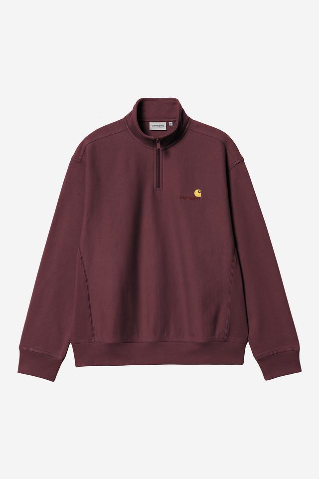 Maroon sweatshirt with a small logo on a light gray background