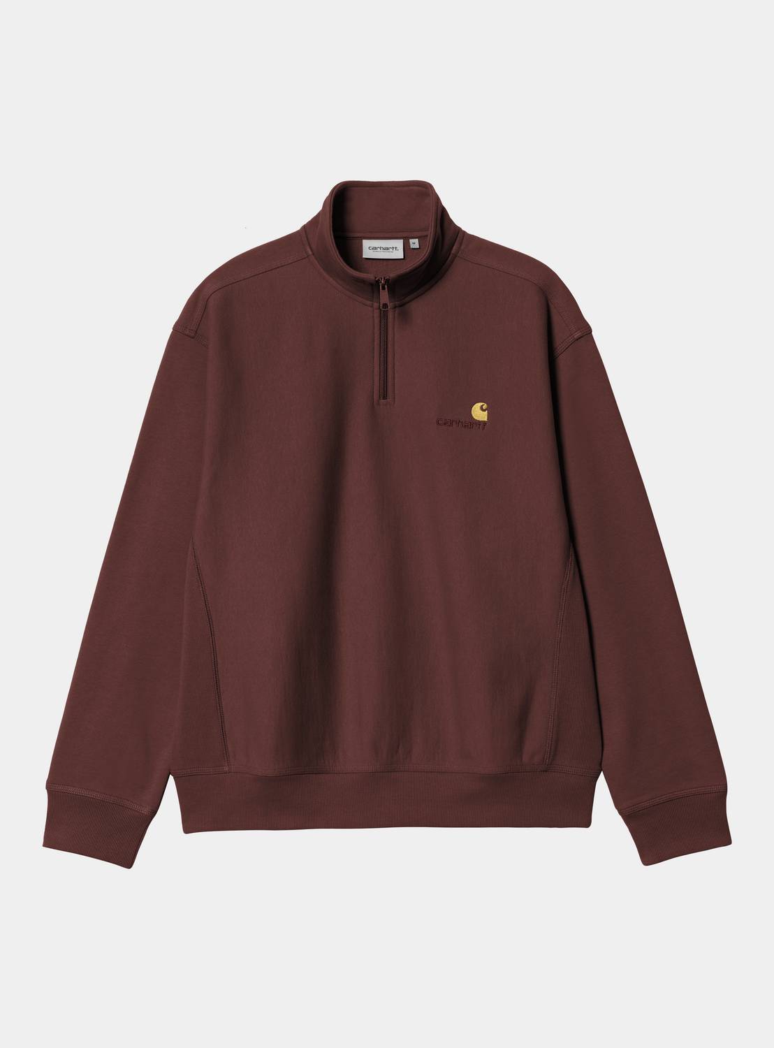 Carhartt WIP Half Zip American Script Sweatshirt in Amarone, front view with half-zip high neck and small chest logo.