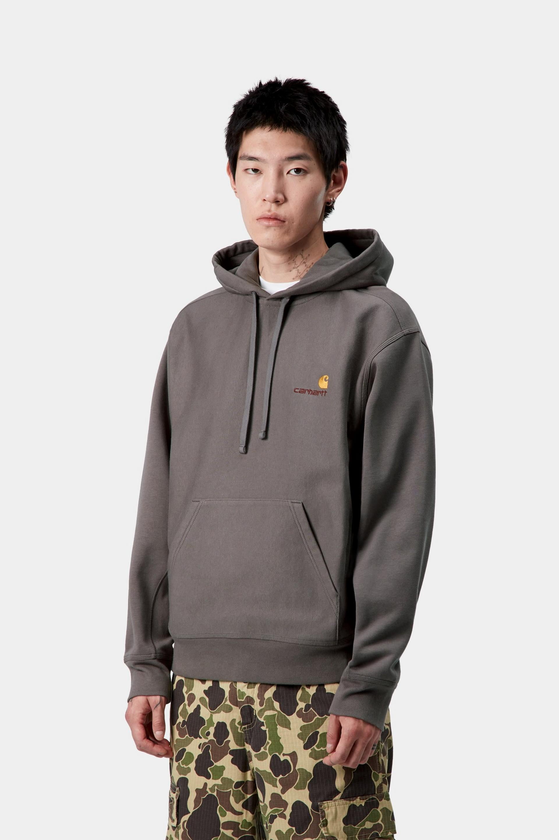 Men's Hooded American Script Sweat-Porphyry-Model Wearing Hoodie