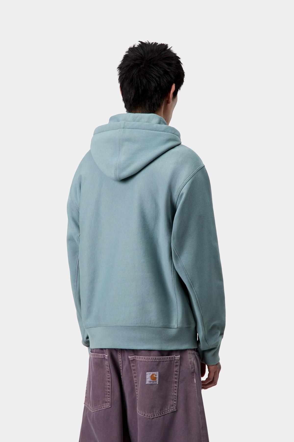 Person wearing a light blue hoodie from behind on a white background