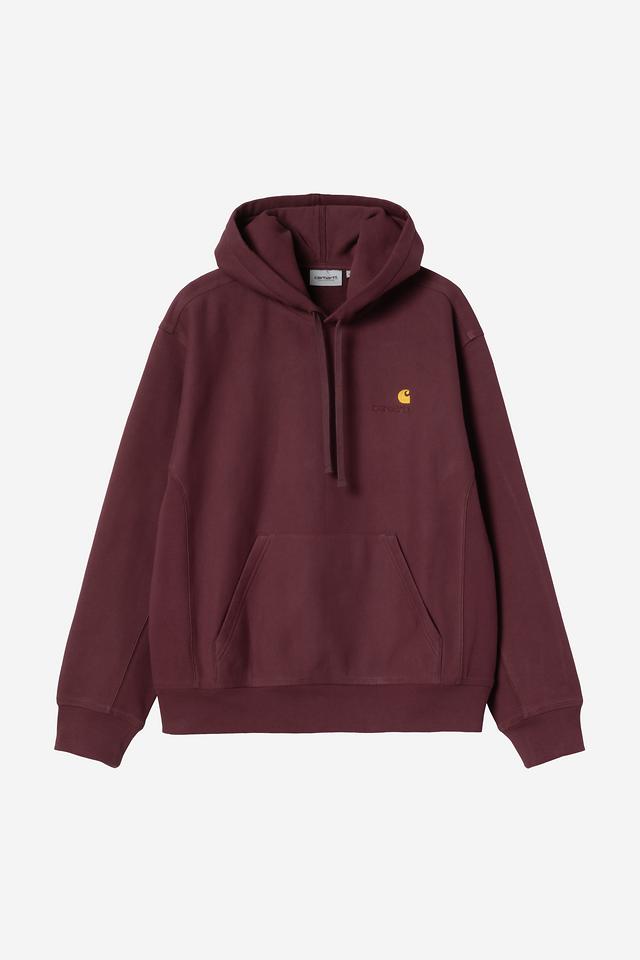 Maroon hoodie with a small logo on a light gray background