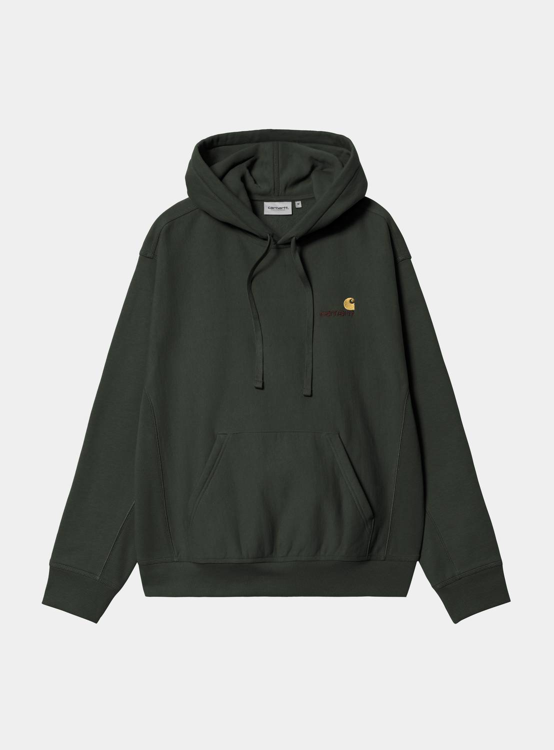 Carhartt WIP Hooded American Script Sweatshirt in Raven, front view with kangaroo pocket, drawstring hood, and embroidered chest logo.