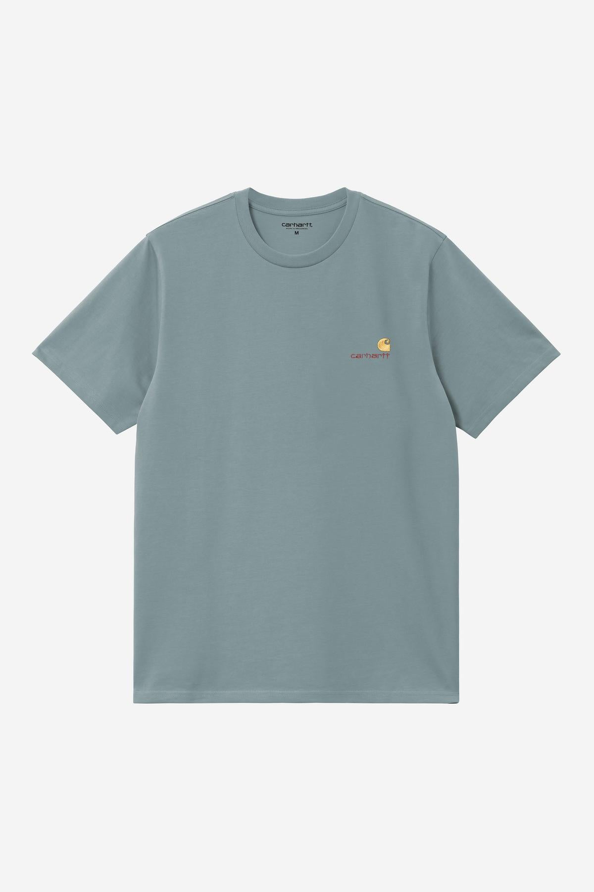 Light blue t-shirt with a small logo on a white background